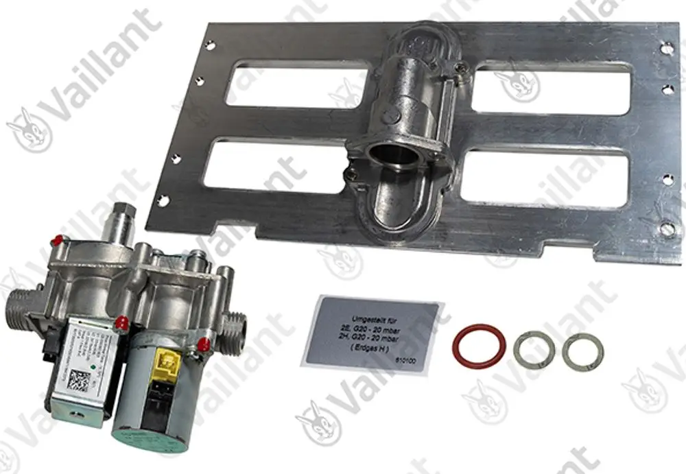 Vaillant Umstellsatz mit Steuergerät, zwei Ventilen und Montageschiene. Zubehör zur Anpassung bei Heizungsanlagen.